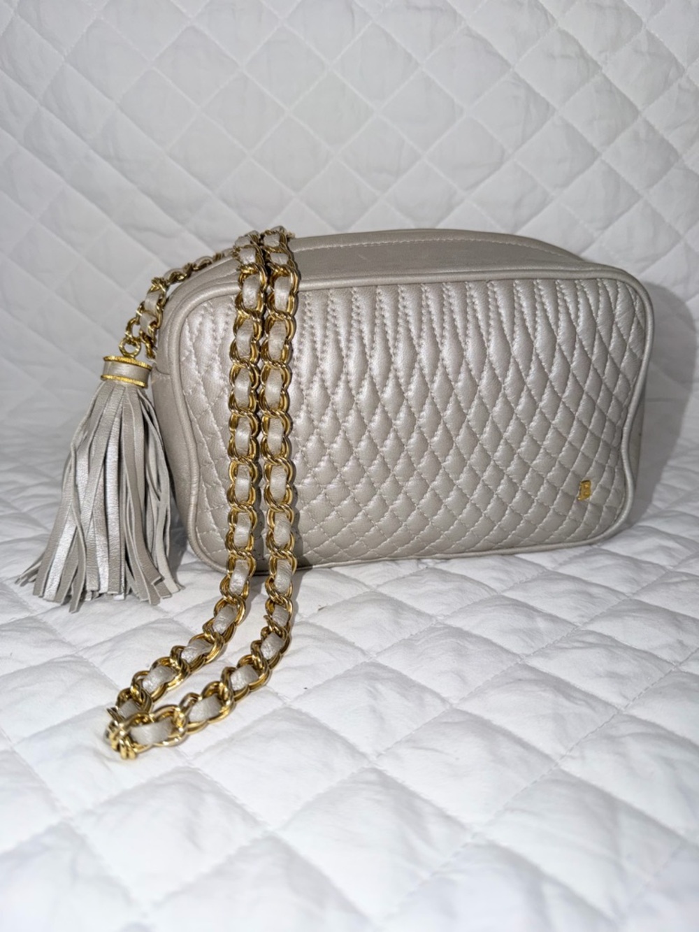 Bally Quilted Metallic Silver Crossbody Bag Camera style